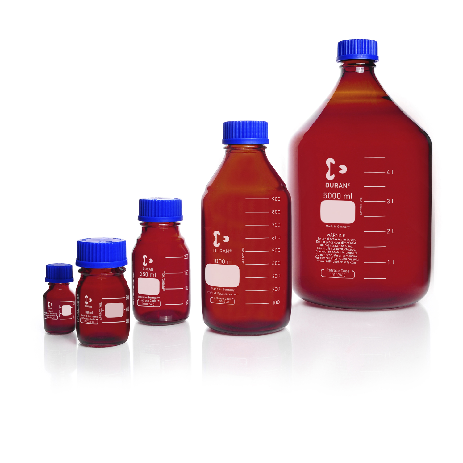 Chai thủy tinh phòng thí nghiệm DURAN® GL 32 màu hổ phách 50 ml, kèm nắp vặn và vòng rót