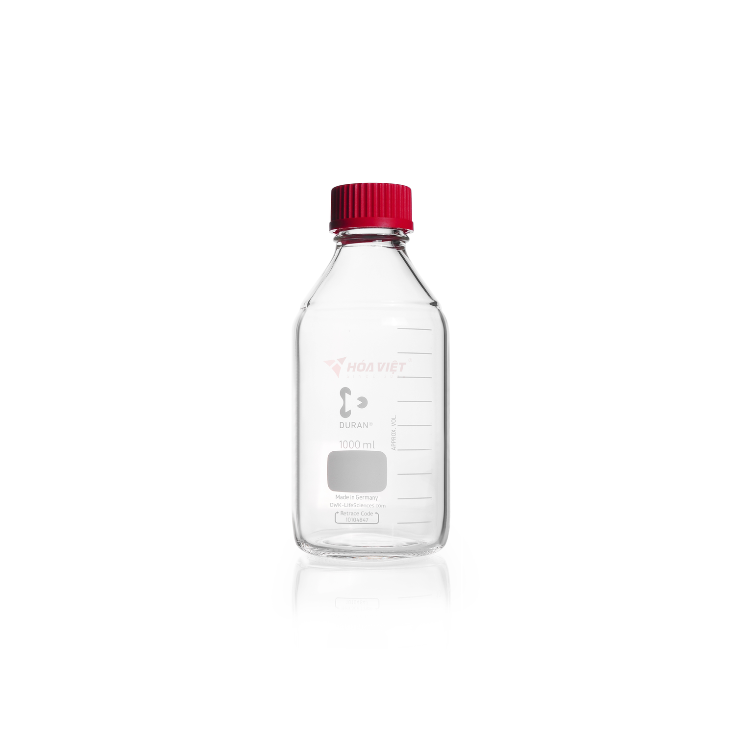 Chai thủy tinh phòng thí nghiệm DURAN GL45 1000ml – Chai thủy tinh có vạch chia kèm nắp PBT chịu nhiệt và vòng rót ETFE