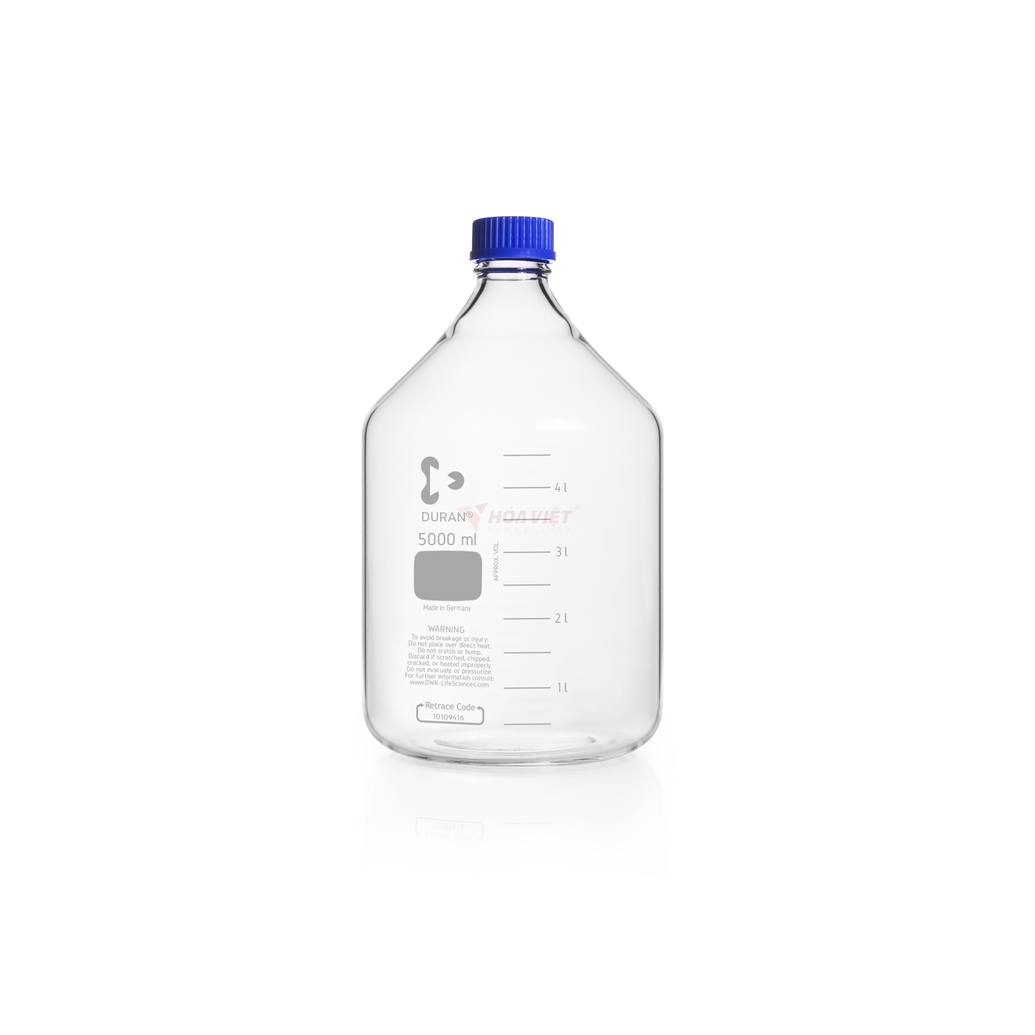 Chai Thủy Tinh DURAN GL45 5000ml Trong Suốt Có Vạch Chia – Kèm Nắp Vặn & Vòng Rót PP