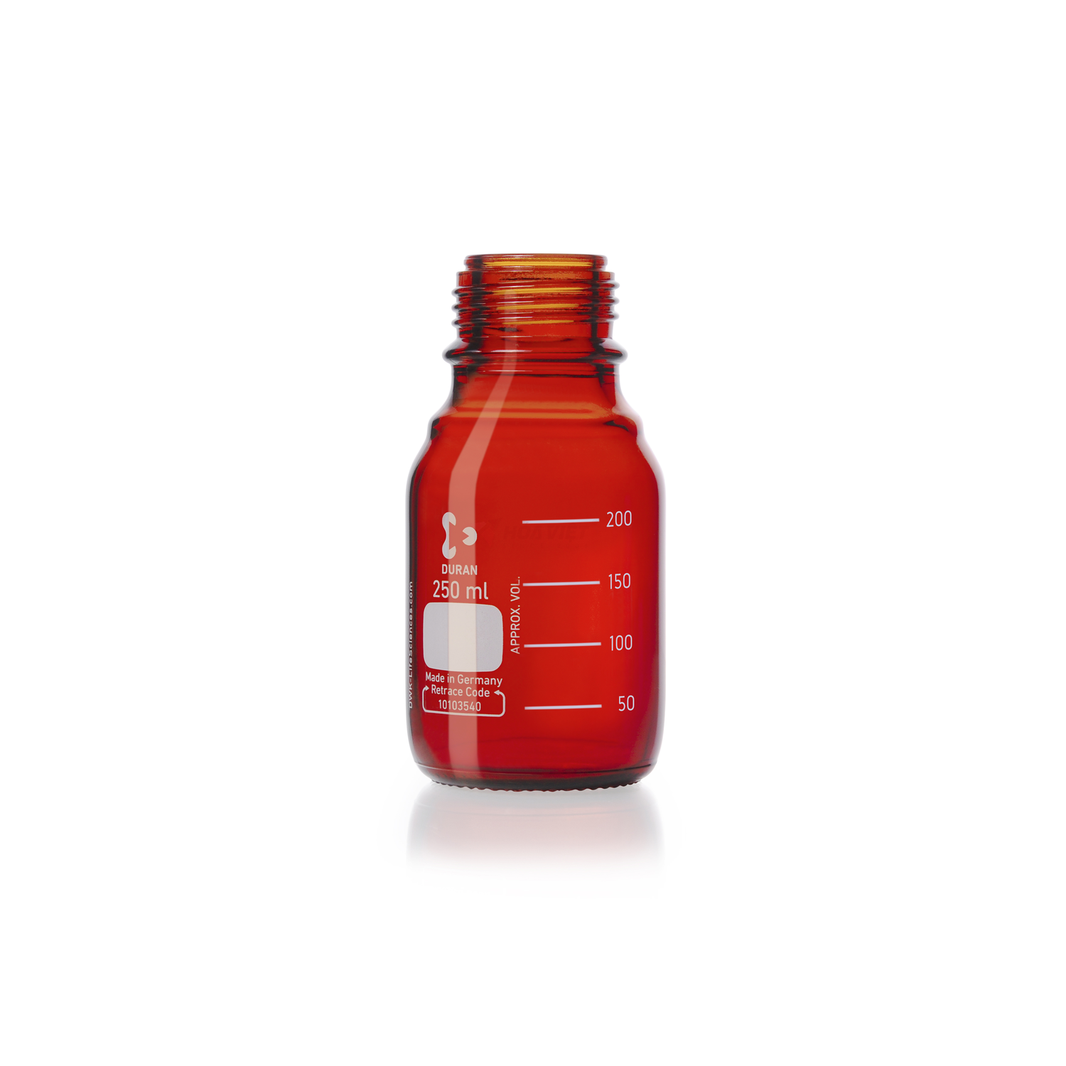 Chai thủy tinh phòng thí nghiệm DURAN GL45 màu hổ phách 250 ml – Không nắp, không vòng rót