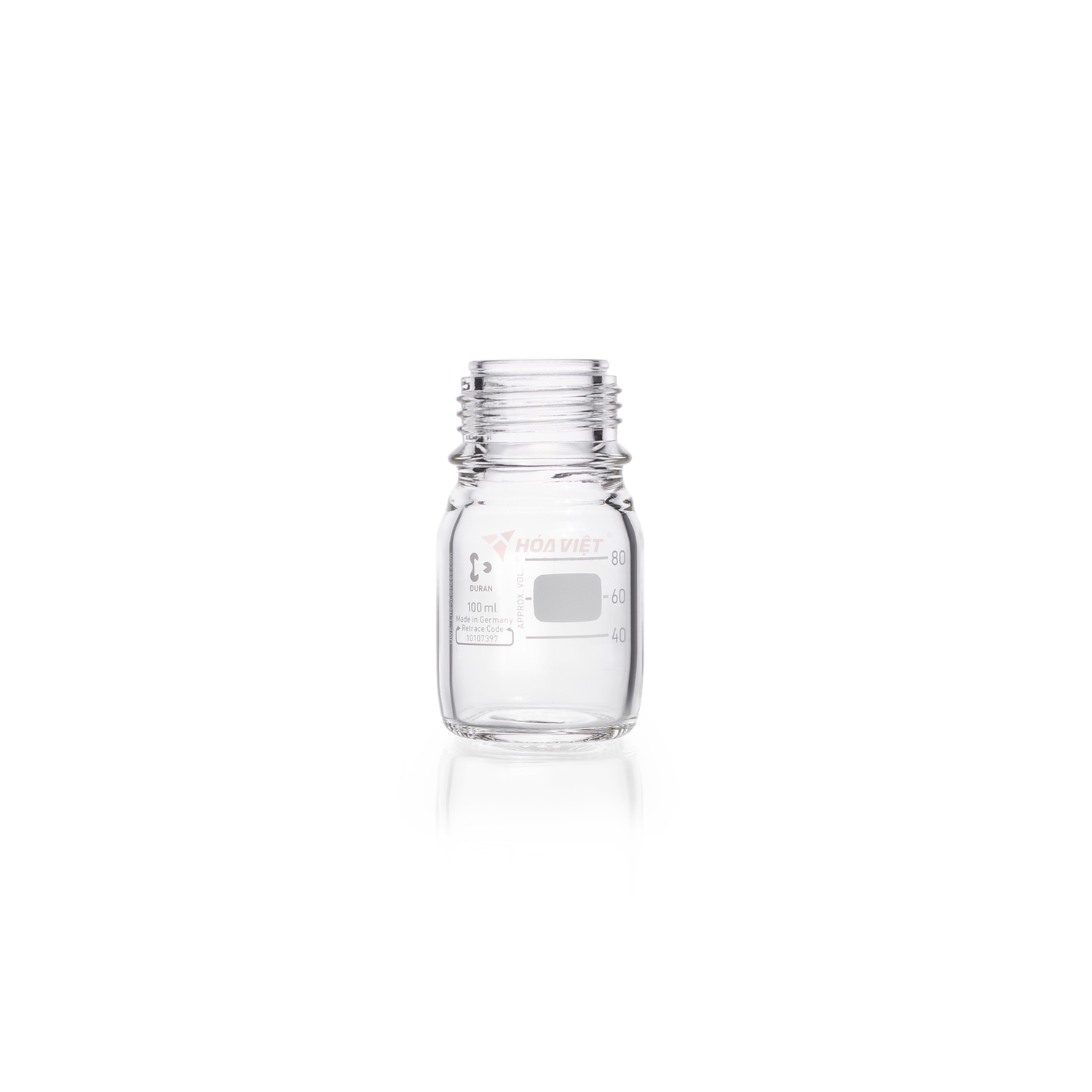 Chai thủy tinh phòng thí nghiệm DURAN GL45 trong suốt 100ml có vạch chia, không nắp