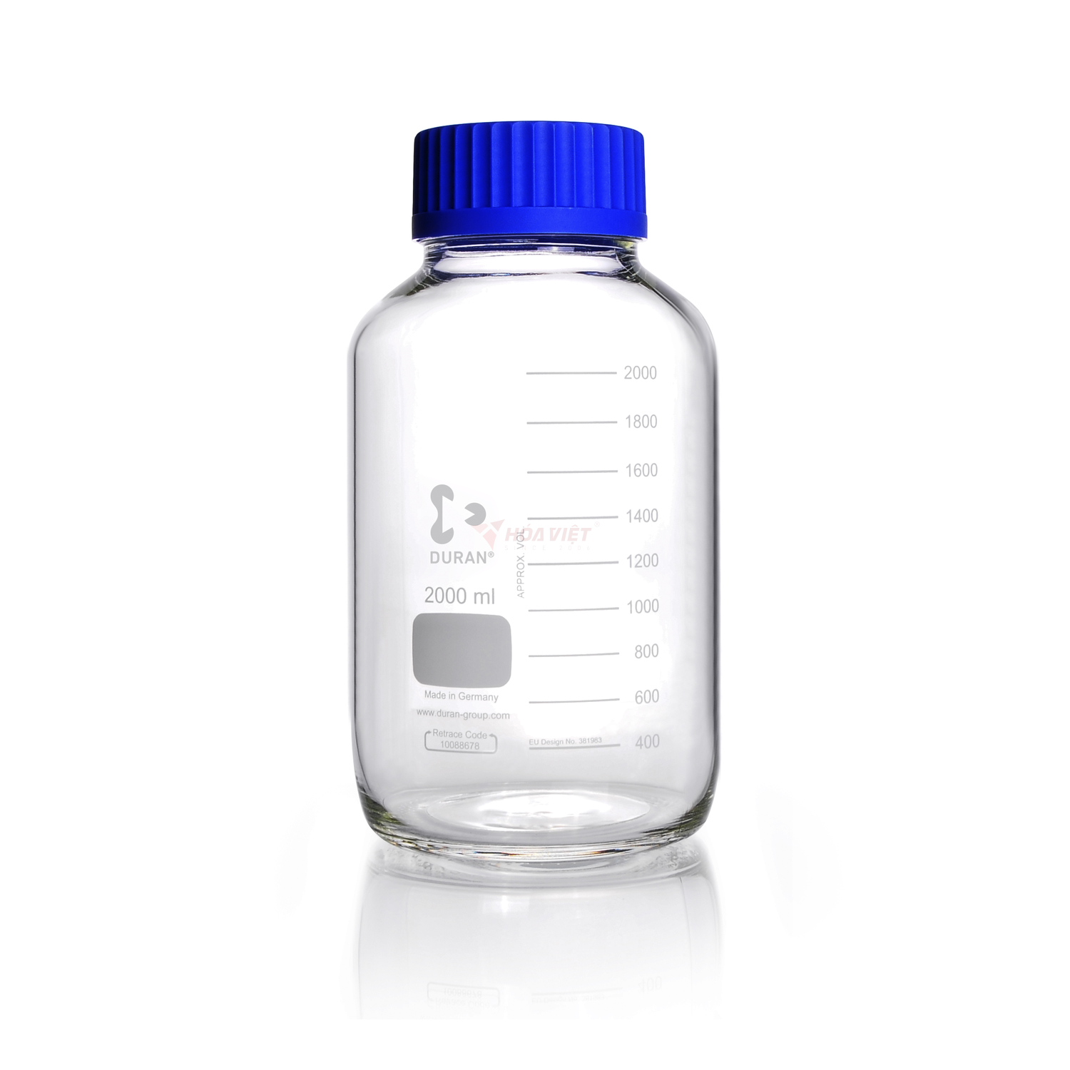 Chai thủy tinh phòng thí nghiệm DURAN® GLS 80 cổ rộng 2000 ml kèm nắp vặn và vòng rót (PP)