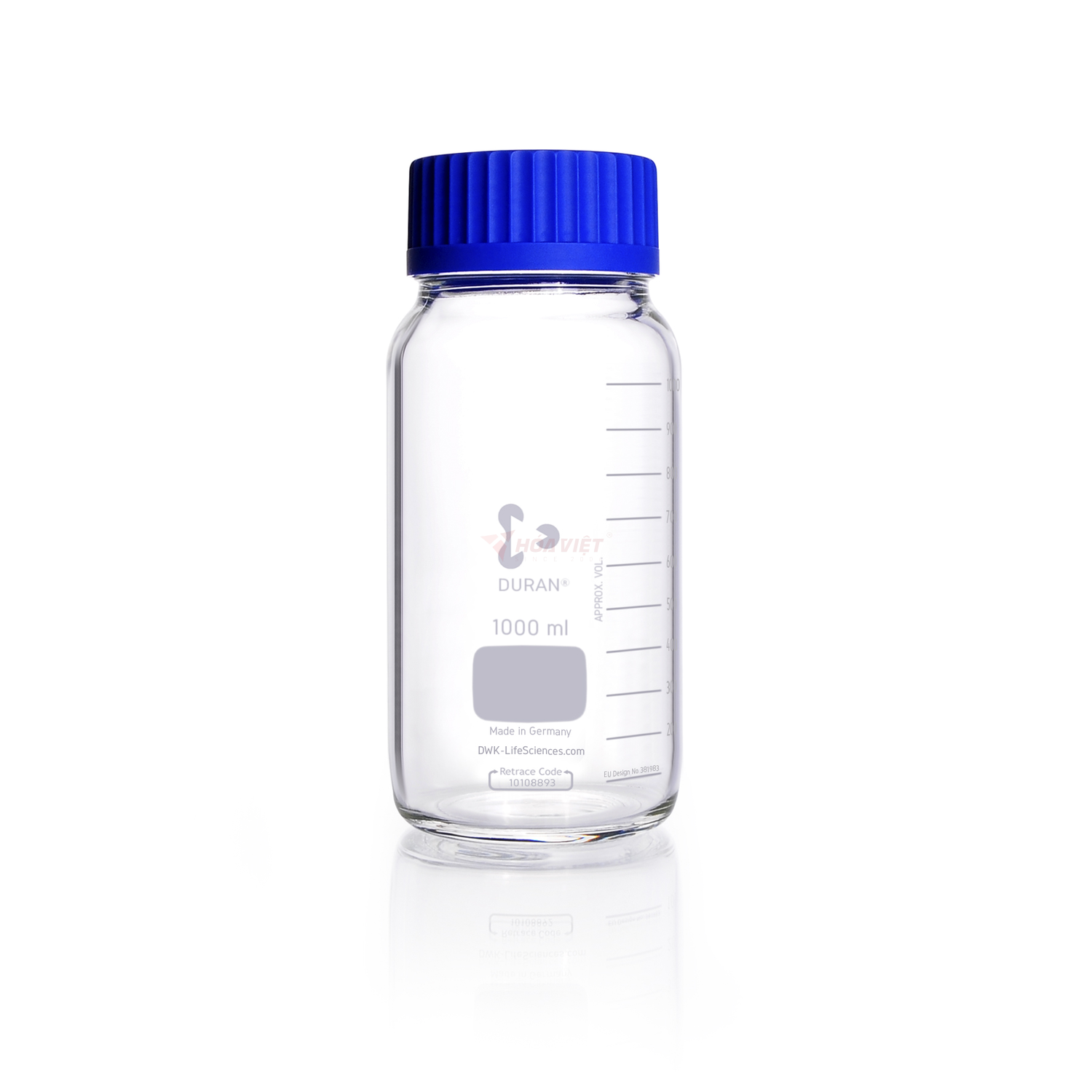 Chai thủy tinh phòng thí nghiệm DURAN® GLS 80 miệng rộng 1000ml – Nắp vặn và vòng rót PP