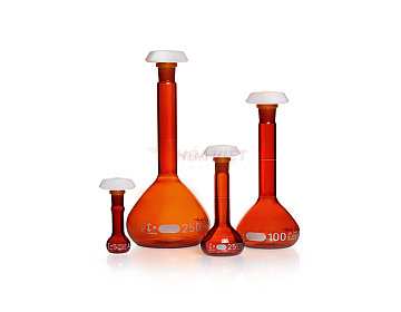 Bình định mức DURAN® 200 ml thủy tinh màu hổ phách, Class A, vạch trắng, nút PE – Volumetric Flask NS 14/23